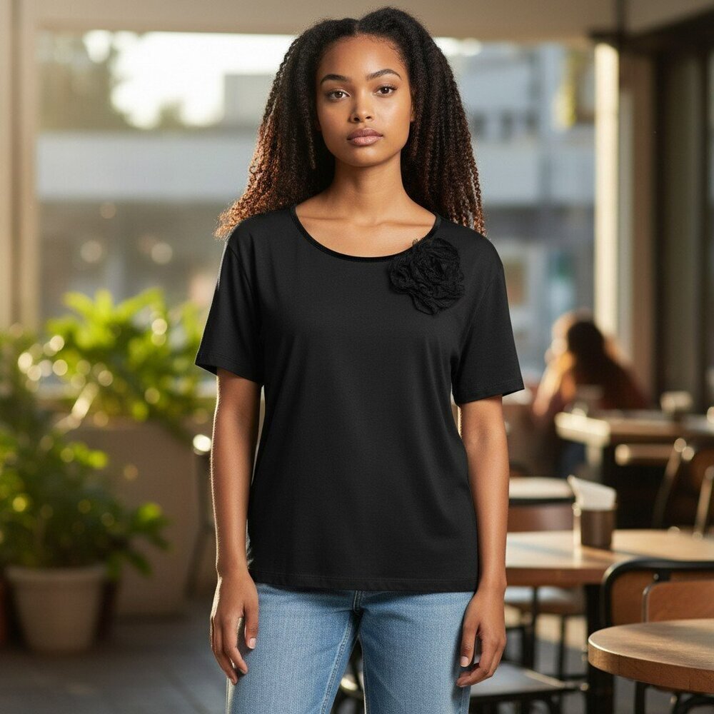 Talbots Petites Large Black Flower on Chest Super Soft Cotton Blouse Top Shirt